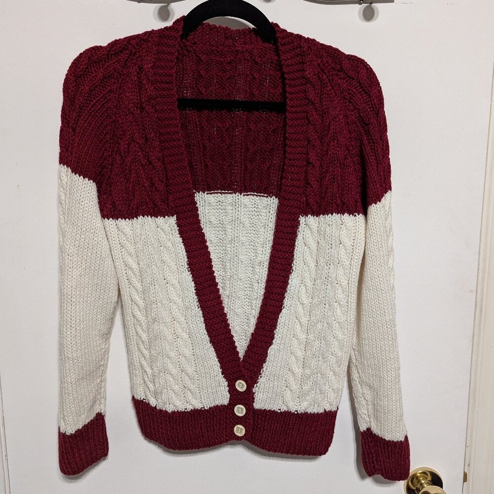 Hand knit cable cardigan maroon and white